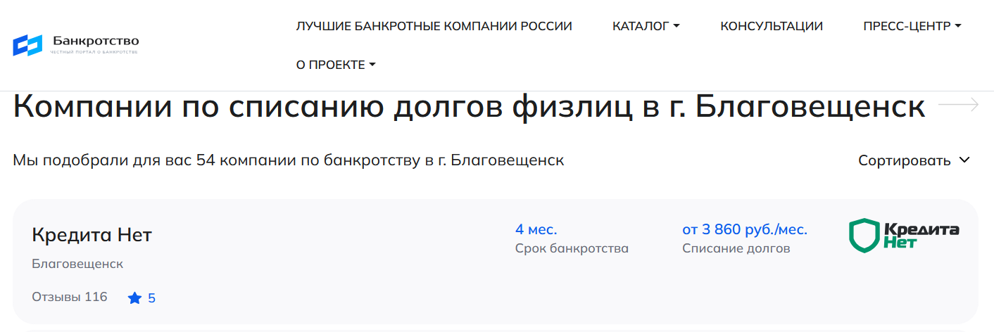 КредитаНет – первые в рейтинге компаний по банкротству в Благовещенске на сайте Банкротство Инфо